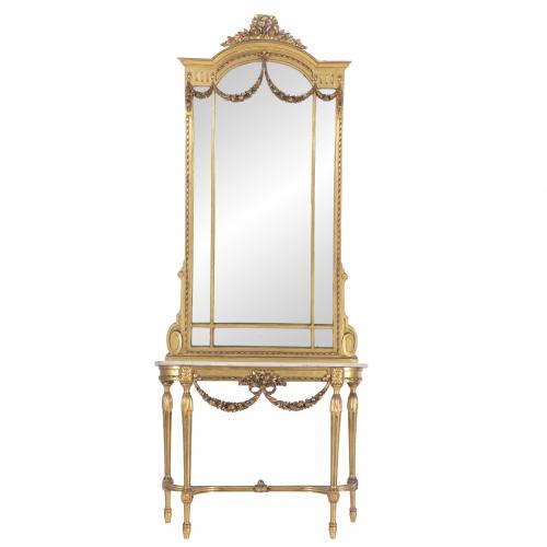 CONSOLE WITH MIRROR, LOUIS XVI STYLE, 20TH CENTURY. 