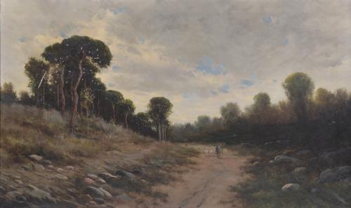 19TH CENTURY CATALAN SCHOOL. "LANDSCAPE WITH A SHEPHERD AND FLOCK".