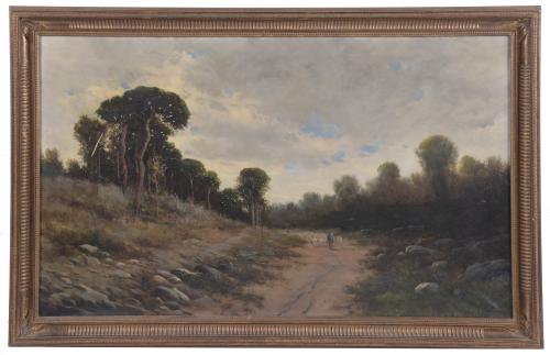 19TH CENTURY CATALAN SCHOOL. "LANDSCAPE WITH A SHEPHERD AND
