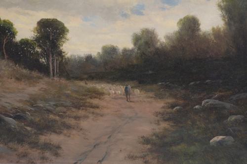 19TH CENTURY CATALAN SCHOOL. "LANDSCAPE WITH A SHEPHERD AND
