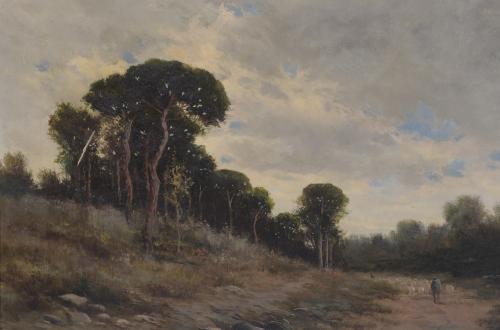 19TH CENTURY CATALAN SCHOOL. "LANDSCAPE WITH A SHEPHERD AND