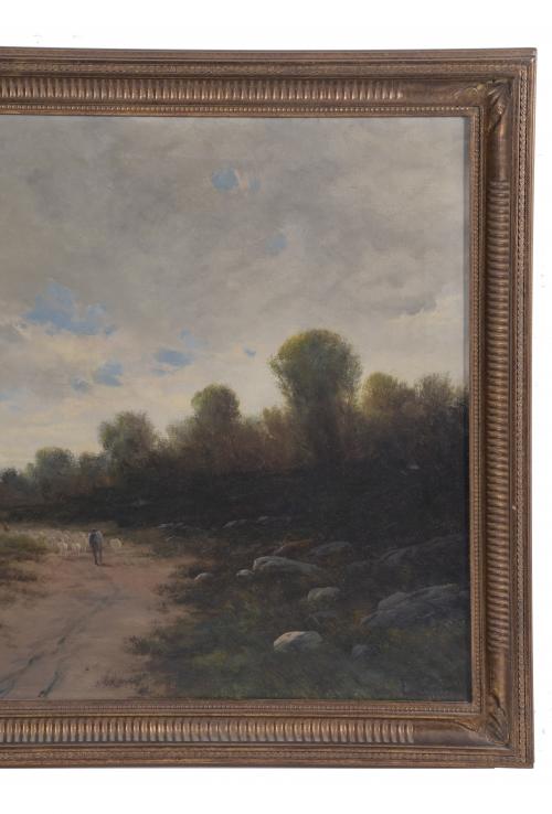 19TH CENTURY CATALAN SCHOOL. "LANDSCAPE WITH A SHEPHERD AND