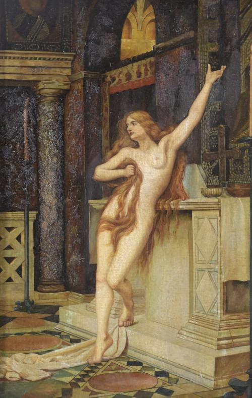 EARLY 20TH CENTURY ENGLISH SCHOOL. "HYPATIA", a copy by Charles William Mitchell, an English painter of the Pre-Raphaelite school.