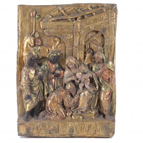 19TH CENTURY, SPANISH SCHOOL. PANEL WITH RELIEF DEPICTING THE ADORATION OF THE MAGI.