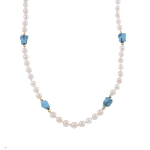 LONG NECKLACE WITH PEARLS AND TURQUOISE.