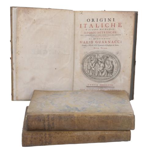 MARIO GUARNACCI. ORIGINI ITALICHE, O SIANO MEMORIE ISTORICO-ETRUSCHE SOPRA L'ANTICHISSIMO REGNO D'ITALIA, E SOPRA I DI LEI PRIMI ABITATORI NEI SECOLI PIÙ REMOTI. 1767 EDITION, 3 VOLUMES.