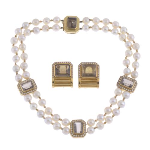 NECKLACE AND EARRINGS WITH PEARLS, DIAMONDS AND SMOKY QUARTZ.