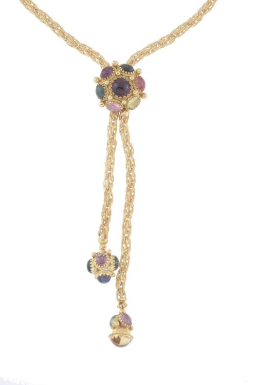 LONG NECKLACE WITH CORD AND GEMSTONES CABOCHONS.