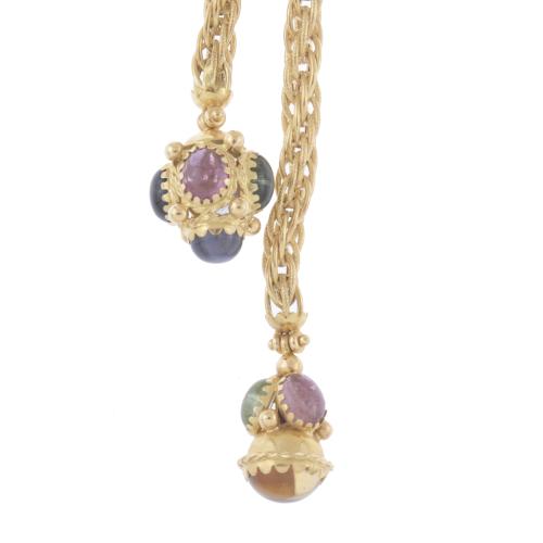 LONG NECKLACE WITH CORD AND GEMSTONES CABOCHONS.