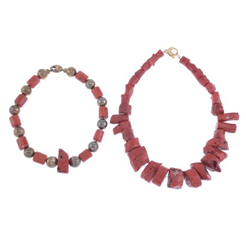 TWO CORAL NECKLACES.