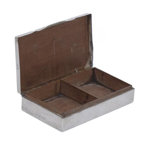 ENGLISH SILVER TOBACCO BOX, CIRCA 1950.