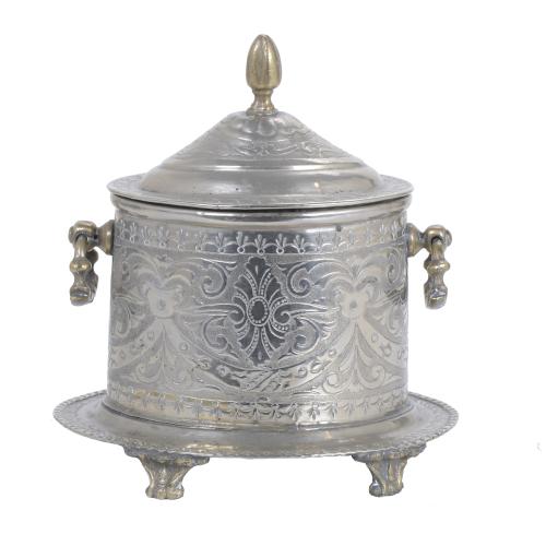 SILVERY METAL BISCUITS CASE, LATE 19TH CENTURY.