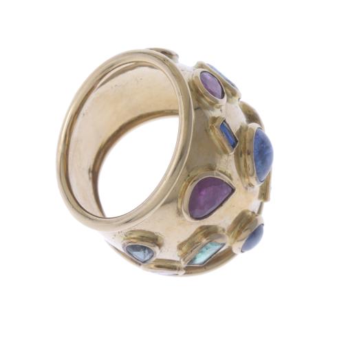 LARGE BULGARI-LIKE RING WITH ASSORTED GEMSTONES.