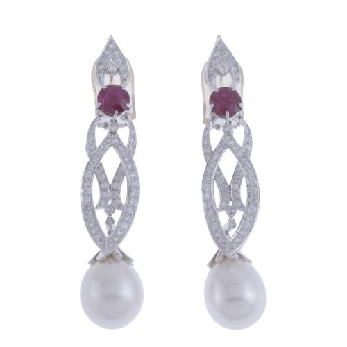 LONG EARRINGS WITH DIAMONDS, RUBY AND AUSTRALIAN PEARL.