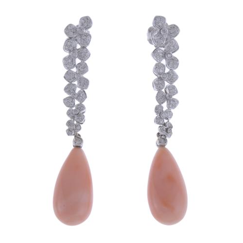 LONG FLORAL EARRINGS WITH DIAMONDS AND CORAL TEARDROP.