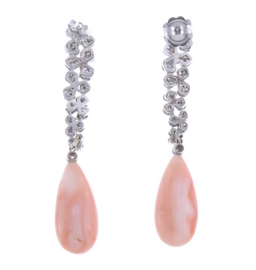 LONG FLORAL EARRINGS WITH DIAMONDS AND CORAL TEARDROP.