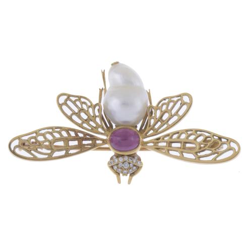 FLY BROOCH WITH PEARL AND CABOCHON RUBY.