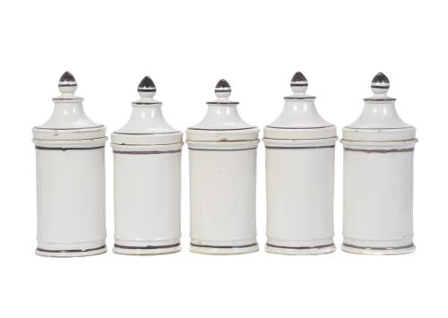 FIVE PHARMACY JARS, 20TH CENTURY.