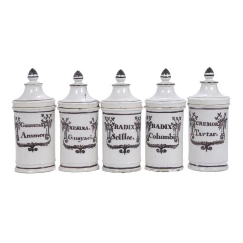 FIVE PHARMACY JARS, 20TH CENTURY.