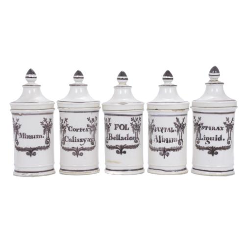 FIVE PHARMACY JARS, 20TH CENTURY.