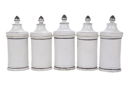 FIVE PHARMACY JARS, 20TH CENTURY.