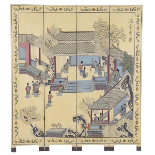 CHINESE FOUR-LEAF FOLDING SCREEN IN WOOD AND COROMANDEL LACQUER, 20TH CENTURY.