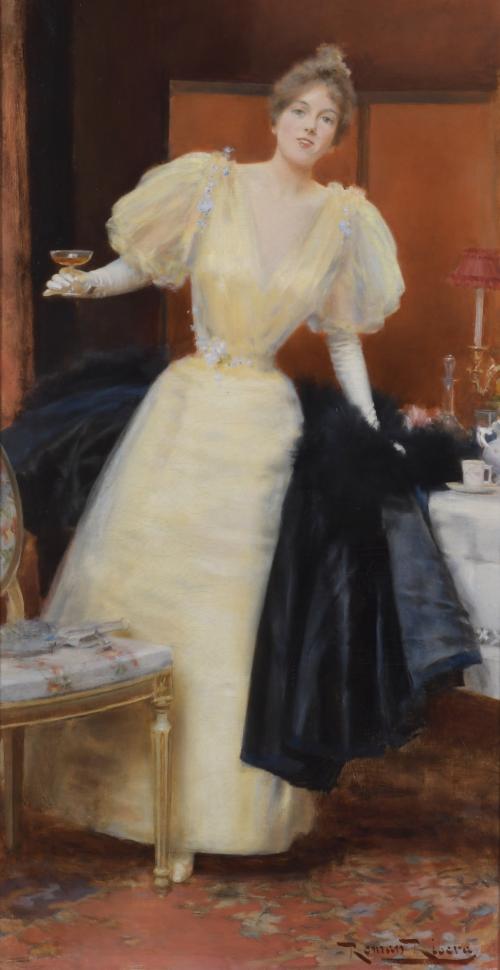 ROMÁN RIBERA CIRERA (1848-1935). "GIRL WITH A PARTY DRESS".