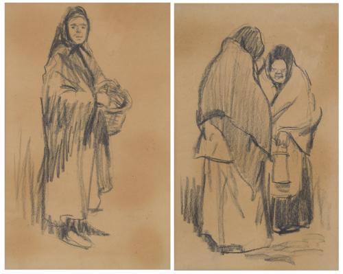 ESCUELA CATALANA. PPS SIGLO XX. "ANCIANAS", pareja de dibujos.