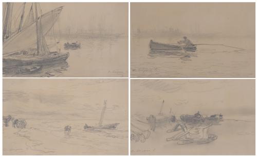 DIONÍS BAIXERAS (1862-1943). 4 apuntes de la playa de Barcelona.