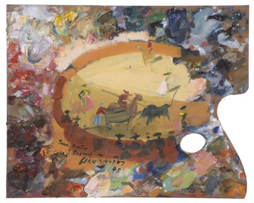JULIÁN GRAU SANTOS (1937). Painter's palette painted with a bullfighting scene, 1978.