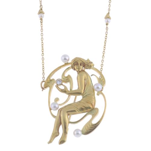 MODERNIST STYLE BROOCH-PENDANT WITH PEARLS AND DIAMOND