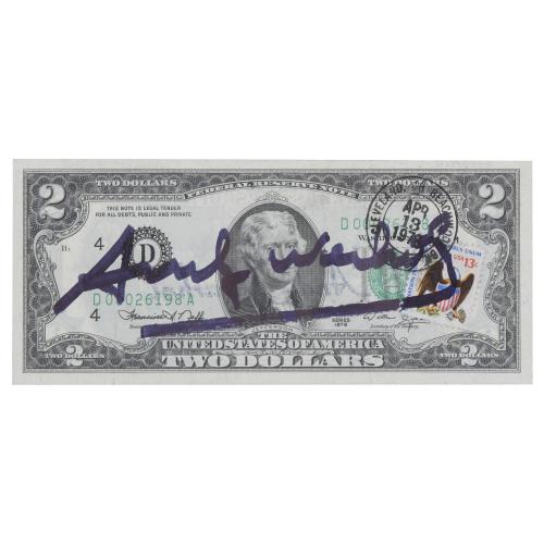ATTRIBUTED TO ANDREW WARHOL (1928-1987). AMERICAN TWO-DOLLAR NOTE SIGNED AND STAMPED BY THE ARTIST, 1976.