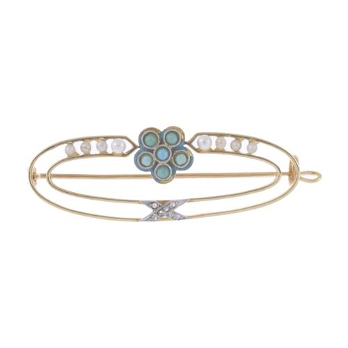 BROOCH WITH FLOWER-SHAPED TURQUOISES, PEARLS AND DIAMONDS.