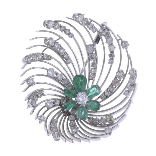 1950'S BROOCH WITH EMERALDS AND DIAMONDS