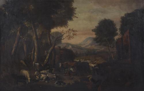 17TH CENTURY EUROPEAN SCHOOL. "LANDSCAPE WITH SHEPHERDS AND FLOCK OF SHEEP".