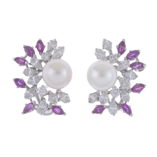 PEARLS, DIAMONDS AND RUBIES EARRINGS. CIRCA 1960