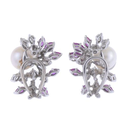 PEARLS, DIAMONDS AND RUBIES EARRINGS. CIRCA 1960