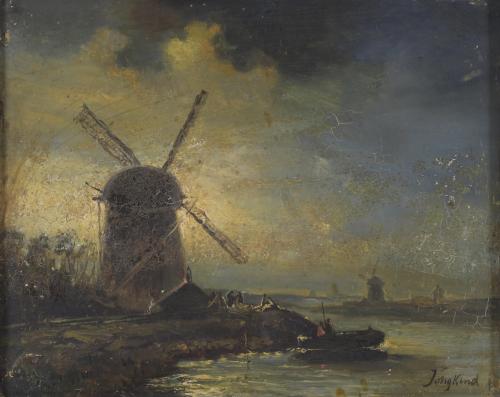 ATRIBUIDO A JOHAN-BARTHOLD JONGKIND (1819-1891). "Paisaje nocturno con molino".