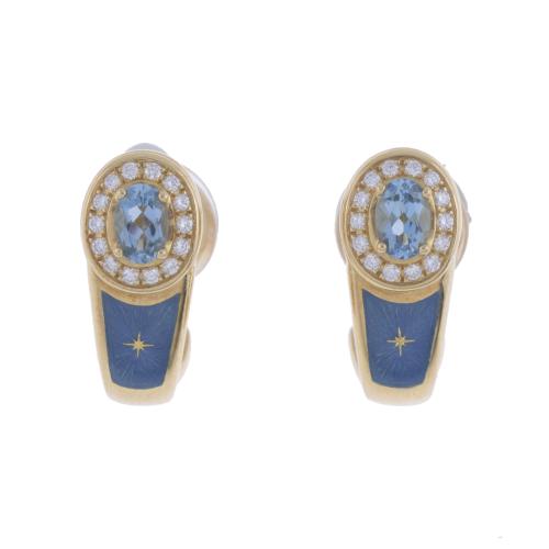 FABERGÉ EARRINGS WITH ENAMEL, AQUAMARINE BIRD'S EYE AND DIAMONDS