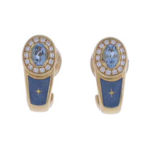 FABERGÉ EARRINGS WITH ENAMEL, AQUAMARINE BIRD&#39;S EYE AND DIA