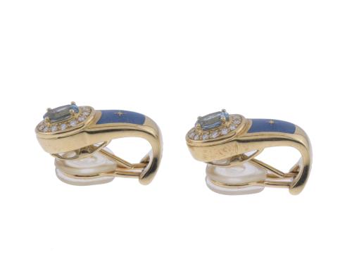 FABERGÉ EARRINGS WITH ENAMEL, AQUAMARINE BIRD&#39;S EYE AND DIA