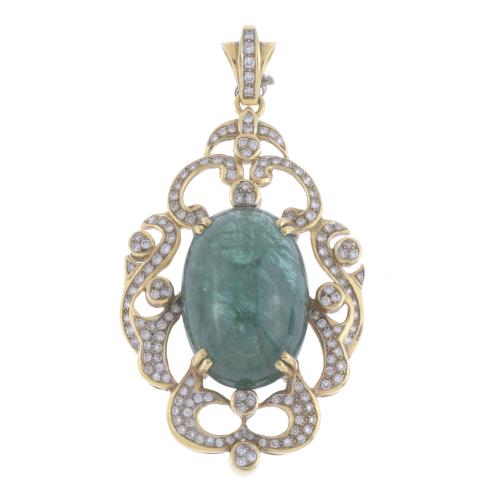 1960'S PENDANT WITH LARGE EMERALD, GOLD AND DIAMONDS