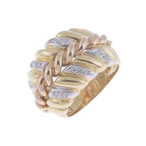 WIDE RING IN THREE-COLOURED GOLD AND DIAMONDS