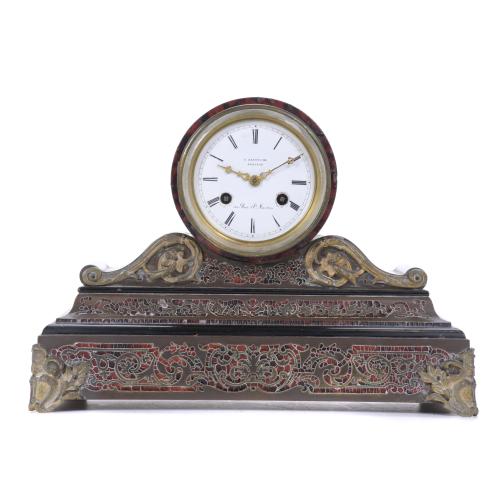 NAPOLEON III STYLE TABLE CLOCK AFTER LOUIS XIV MODELS, IN BOULLE MARQUETRY, 20TH CENTURY.