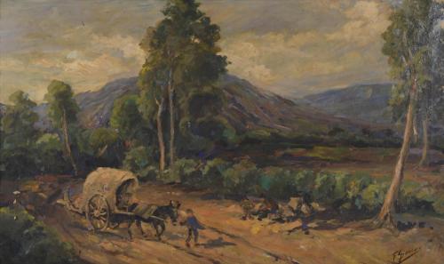 FRANCESC GIMENO ARASA (1858-1927). "LANDSCAPE WITH CART AND MULETEER".