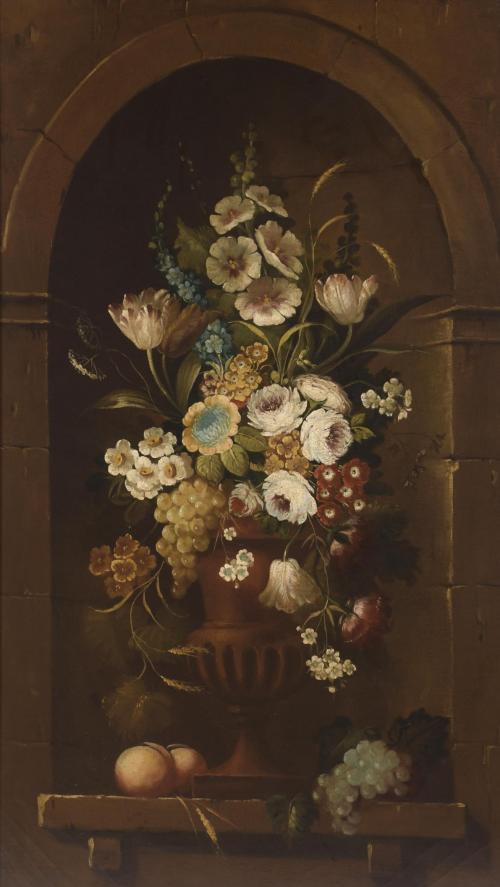 20TH CENTURY SPANISH SCHOOL. "STILL LIFE OF FLOWERS IN A NICHE".