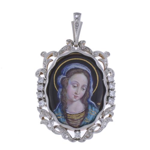 ENAMEL PENDANT DEPICTING MADONNA, WITH GOLD AND DIAMONDS
