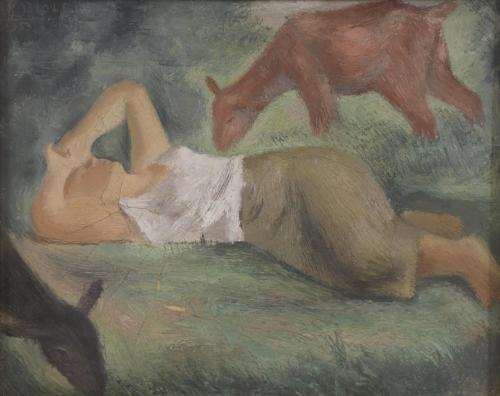 JOSEP OBIOLS PALAU (1894-1967). "FIGURE LYING DOWN AND LITTLE LAMBS", 1935.