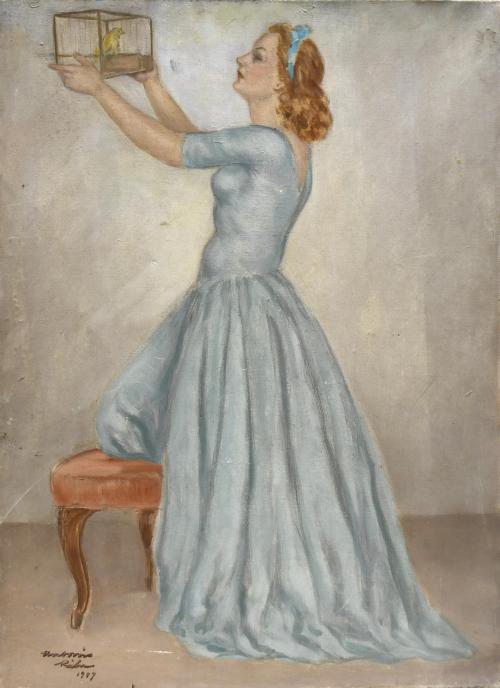 ANTONIO RIBA (1886-1954). "WOMAN IN BLUE WITH A CANARY", 1907.
