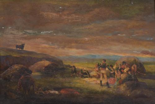19TH CENTURY SPANISH SCHOOL. "LANDSCAPE WITH CHARACTERS AND A BULL".